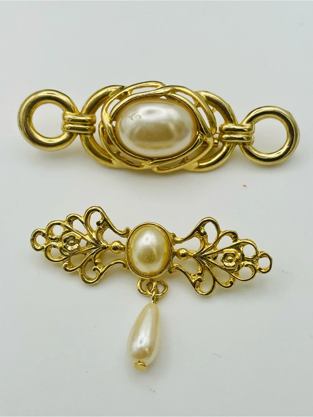 Gold-Tone Pearl Filigree 2 Brooch Set - one with Dangle Pearl. Pearl Cabochons